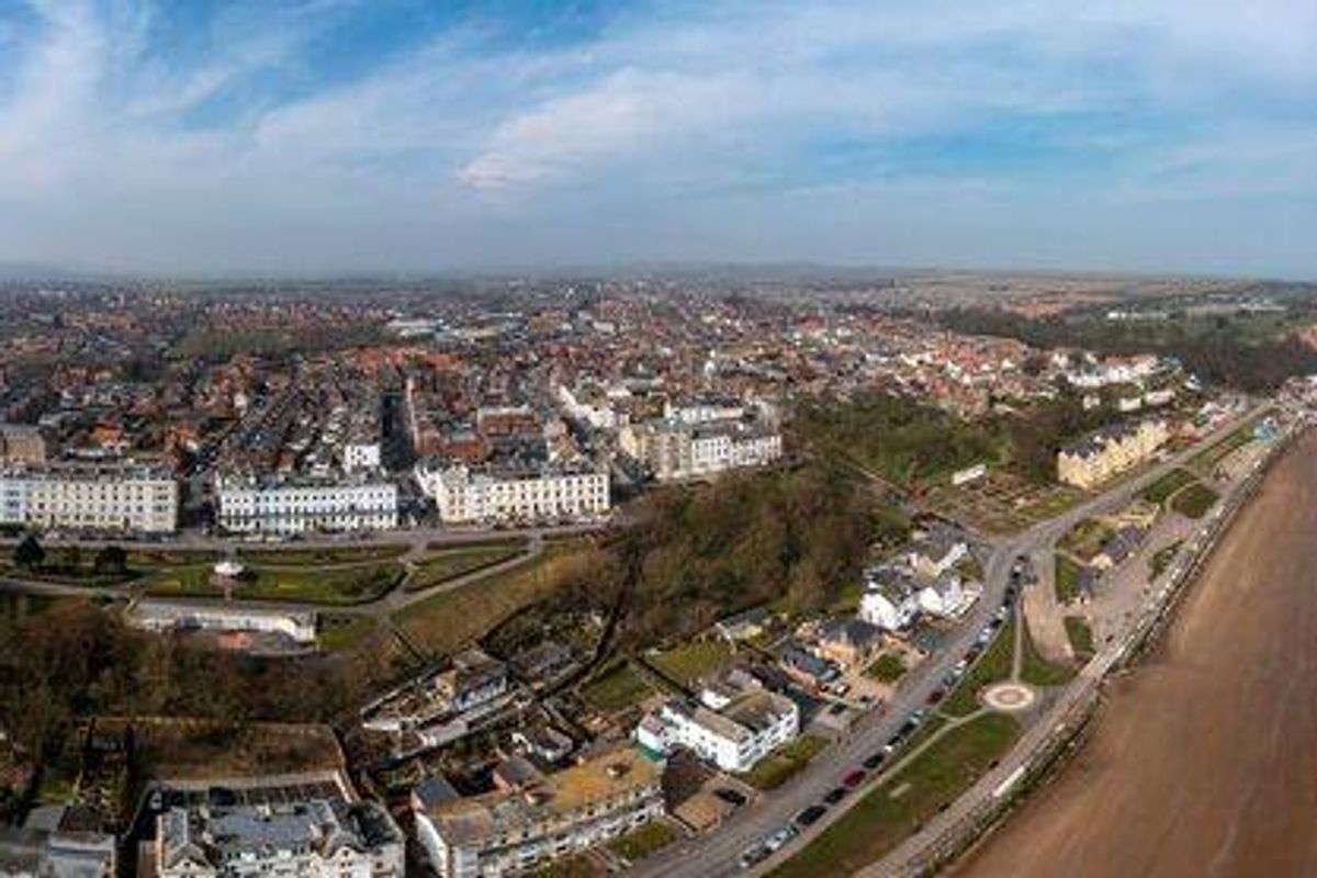 aerial panorama of filey town and bay north yorkshire east coast uk no people