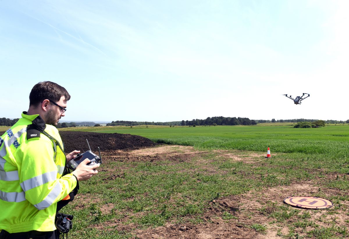 PC Darian Hullett carefully manoeuvres the drone to land after its reconnaissance over the quarry