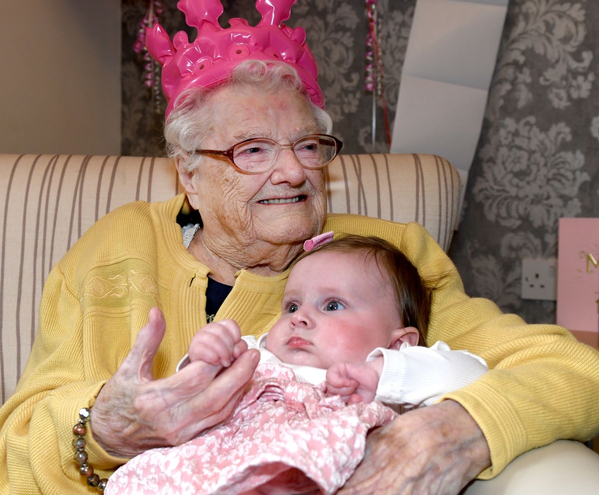 Joan Dearing celebrates her 105th Birthday, she is pictured with Ellady-May, 4 months old who is the youngest of her 10 great great grandchildren