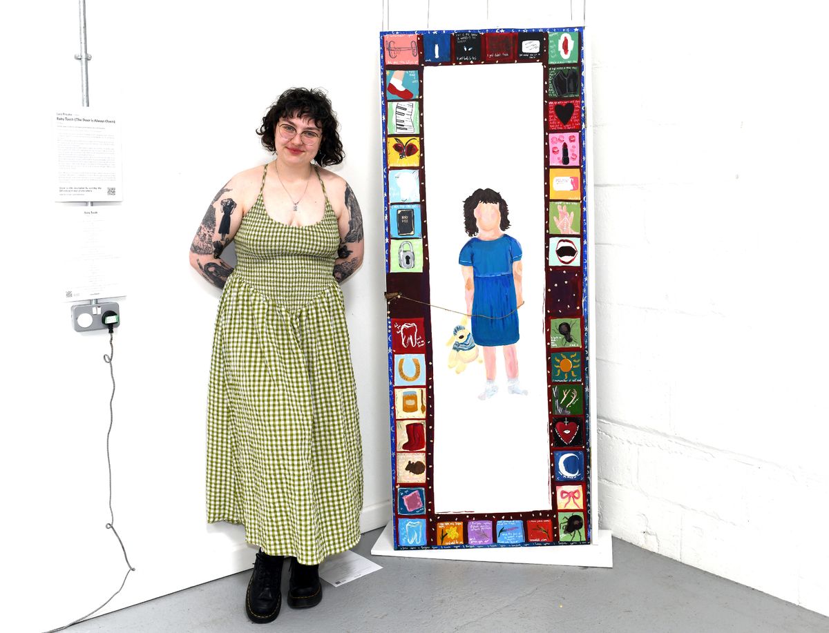 Lucy Brooke from Feminine Urge with her work in the 'Mother' Exhibition which is on display at a pop-up gallery off Humber Street until 17th May