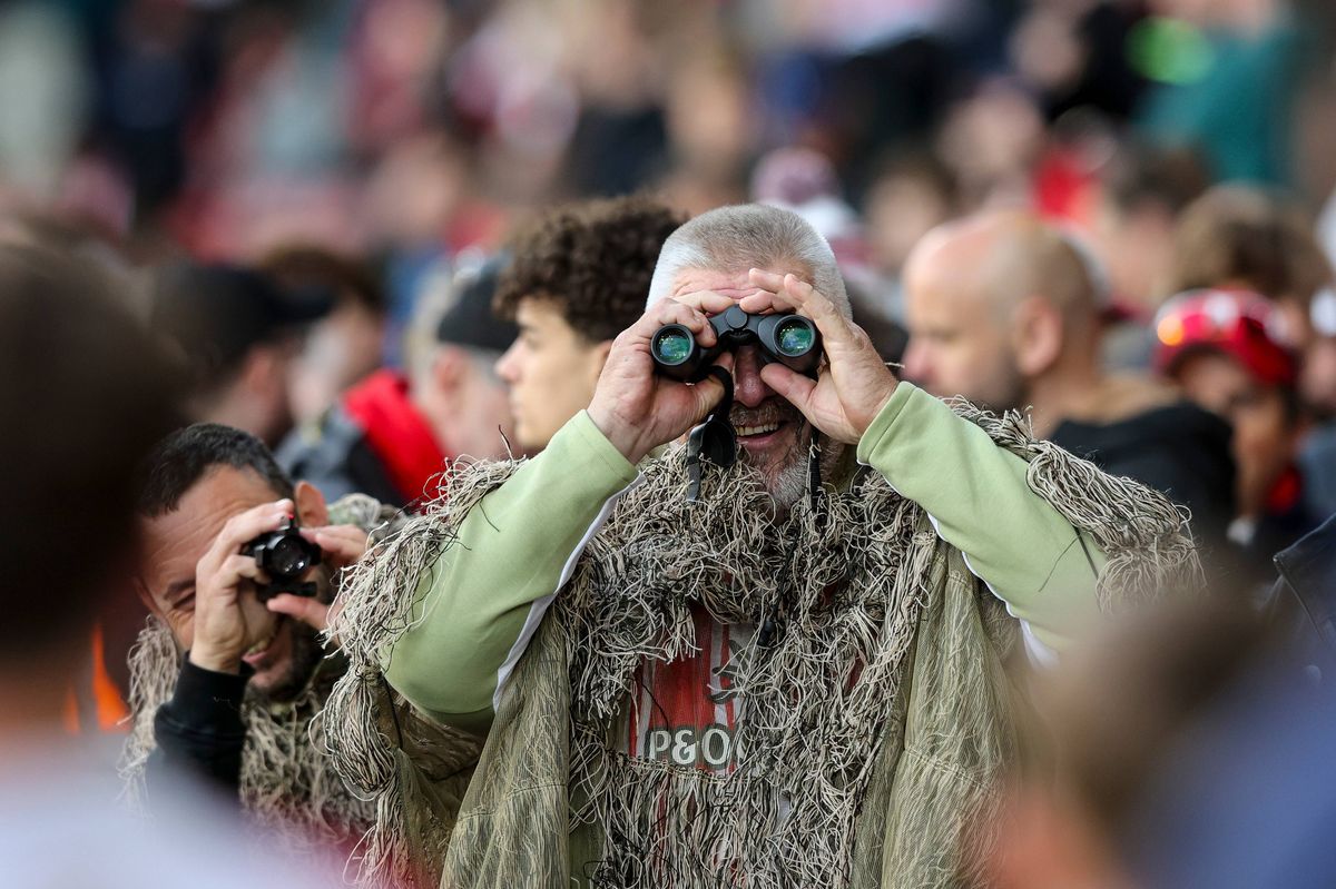 SOUTHAMPTON, ENGLAND - MAY 12: Mocking Southampton fans in camouflage ghillie suits after their side was accused of spying on a Middlesbrough training session before the Sky Bet Championship Play Off Semi Final Second Leg match between Southampton and Middlesbrough at St Mary's Stadium on May 12, 2026 in Southampton, England. (Photo by Robin Jones/Getty Images)Southampton fans dress up in camouflage to mock Middlesbrough during the play-off semi-final.