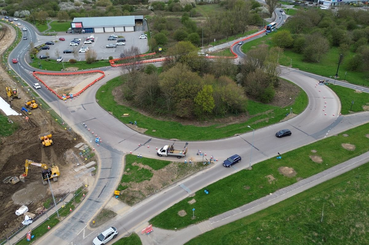 An aerial shot of the phase 1 works at the Wawne Road/Bude Road Roundabout, in Hull