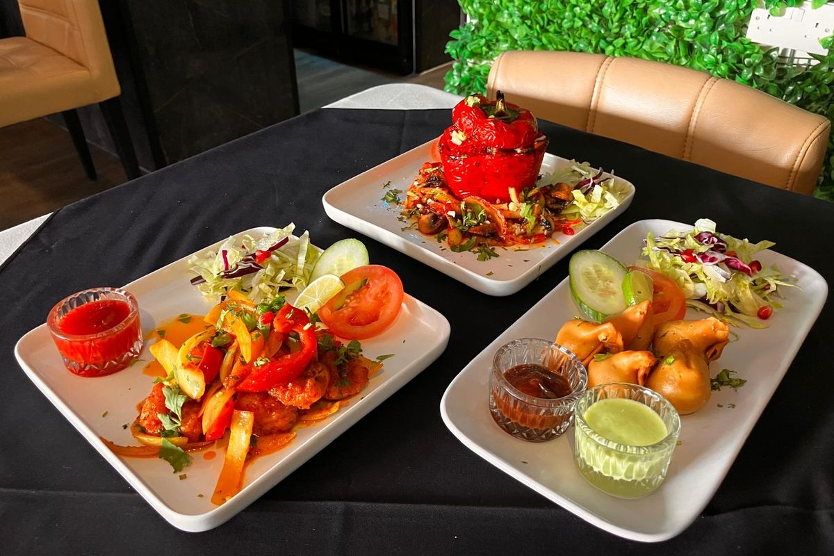 Samosas, squid, and stuffed pepper