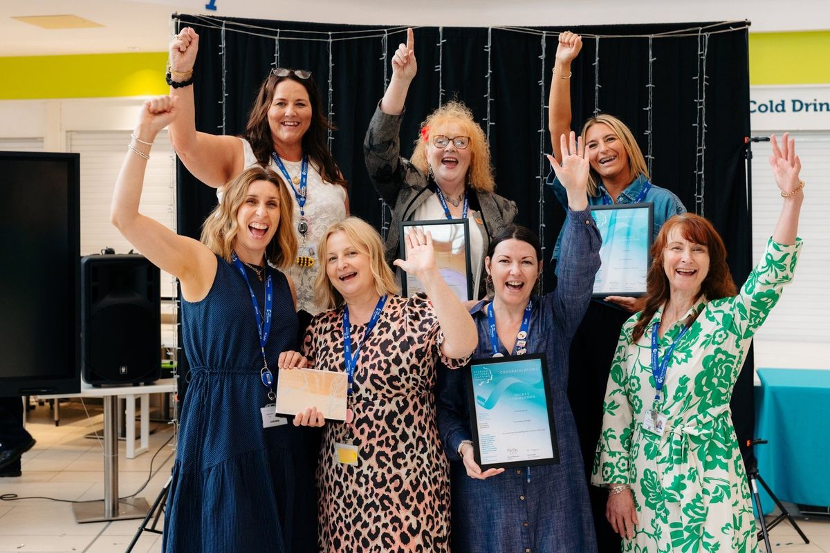 Winners at the 2026 Pearson National Teaching Awards, clockwise from top left, Kerry Wray, Head of Faculty; Jaqui Graham, Emma Wray, Nicola Adams, Campus Principal; Amanda Harvey, Sarah Rands, Lyndsey Kemp