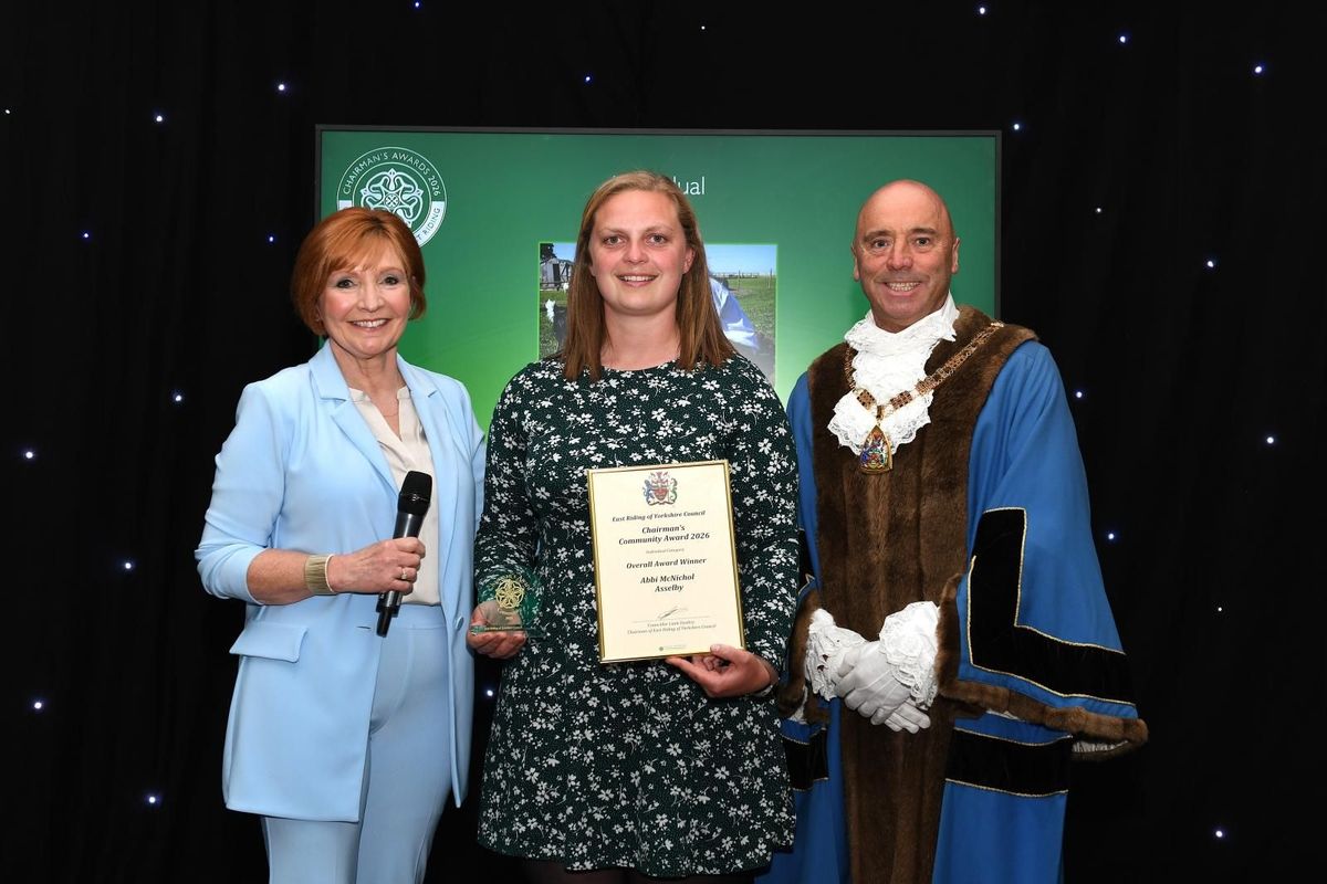 Abbi McNichol, centre, with chairman of East Riding of Yorkshire Council, Councillor Liam Dealtry, and Clare Frisby from BBC Look North