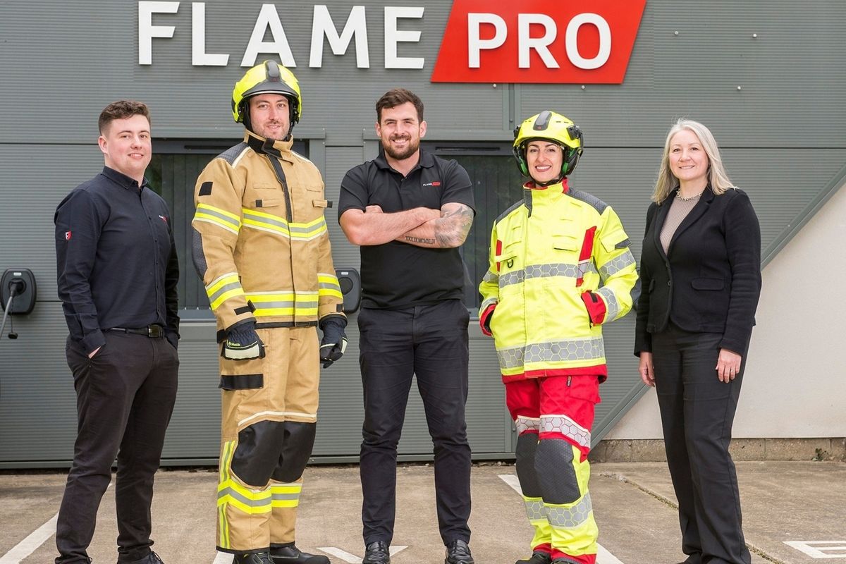 FlamePro Head of Sales Jack Griffin, centre, with colleagues, from left, Joktan Jackson, Stephen Conlan, Ava Scott and Claire Johnson. The firefighter PPE specialist has won a place on the UK’s biggest framework to supply life-saving kit to fire services