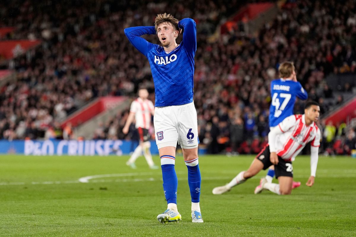 Ipswich Town's Dan Neil reacts after Jack Clarke misses an opportunity on goal during the Sky Bet Championship match at St Mary's Stadium, Southampton. Picture date: Tuesday April 28, 2026. PA Photo. Photo credit should read: Andrew Matthews/PA Wire. RESTRICTIONS: EDITORIAL USE ONLY No use with unauthorised audio, video, data, fixture lists, club/league logos or "live" services. Online in-match use limited to 120 images, no video emulation. No use in betting, games or single club/league/player publications.
