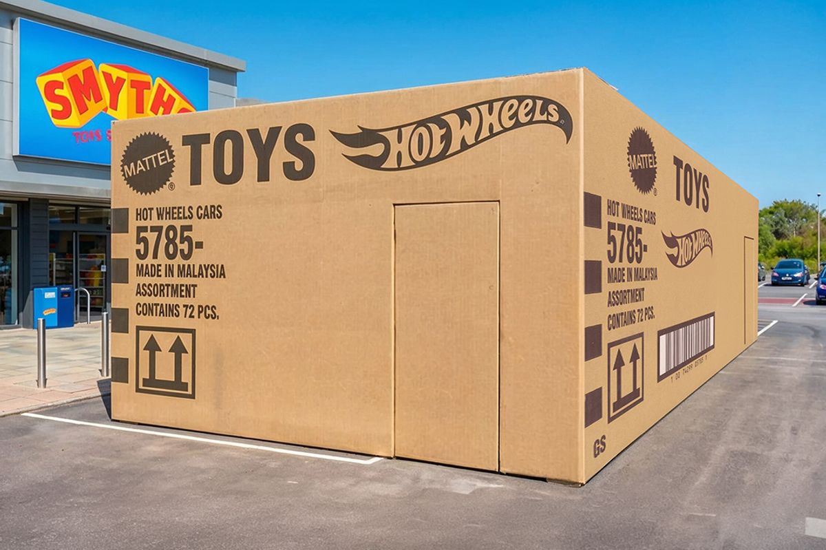 A life size Hot Wheels car is delivered to a Smyth's Toy Superstore