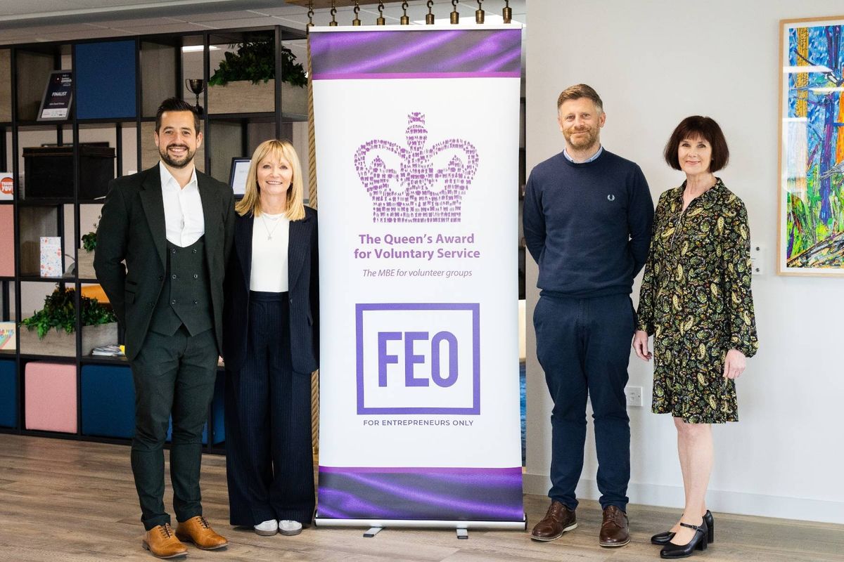 Hull and East Yorkshire Business Awards - FEO chair and current Entrepreneur of the Year, David Hall, second right, and Hull and East Yorkshire Business Awards organisers Simon Jones and Jane Smallwood, left, with Jan Brumby, CEO of FEO, right.