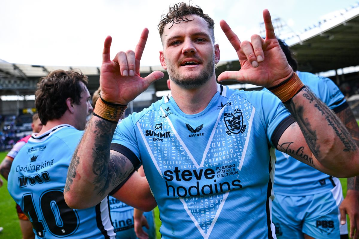 Ethan O'Neill celebrates a Hull FC win.