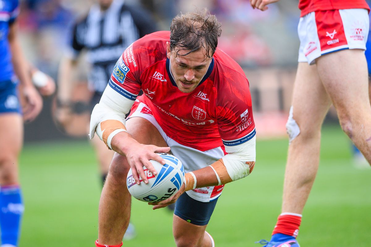 Hull KR's Jai Whitbread touches down for a try against Wakefield.