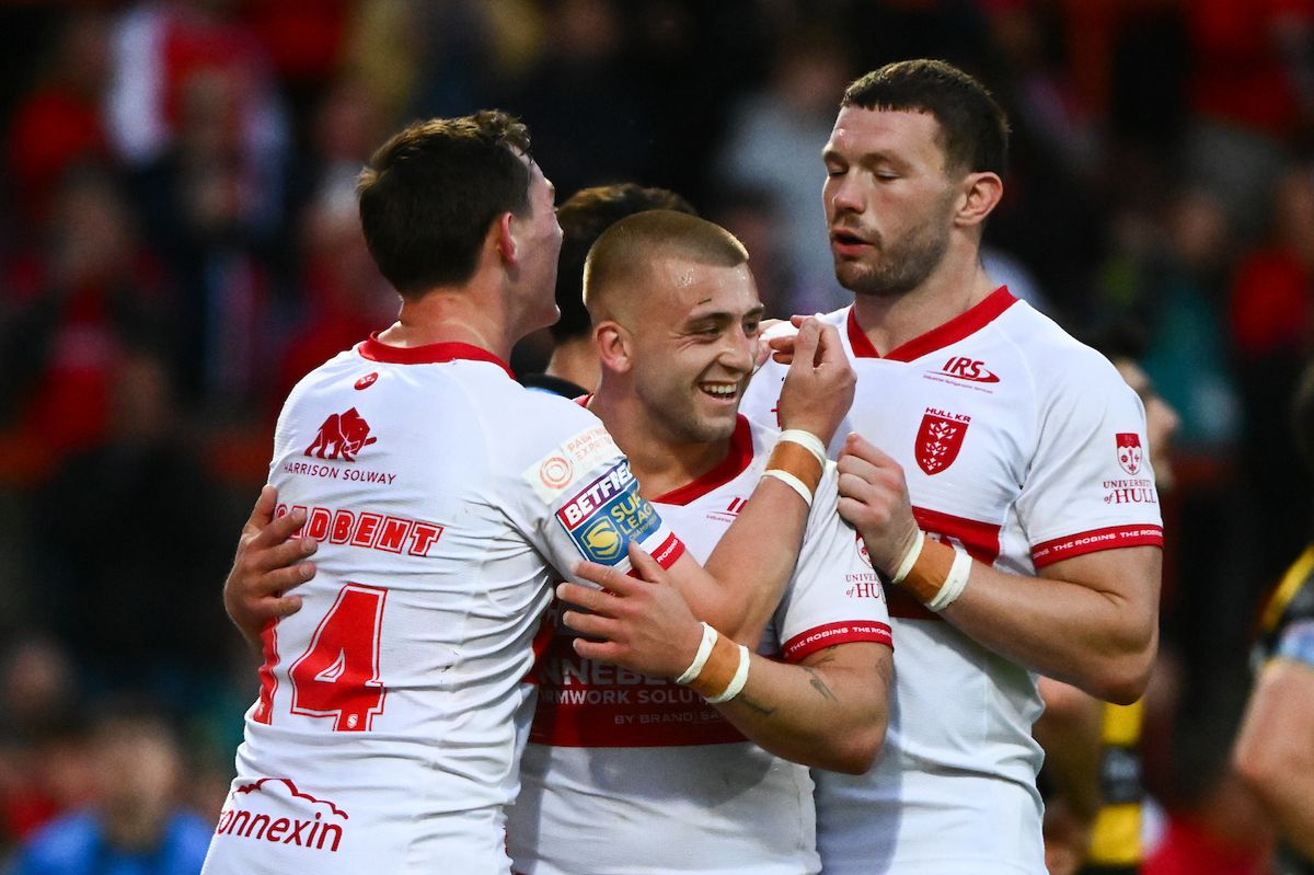 Jack Broadbent of Hull KR celebrating his try with Mikey Lewis of Hull KR
