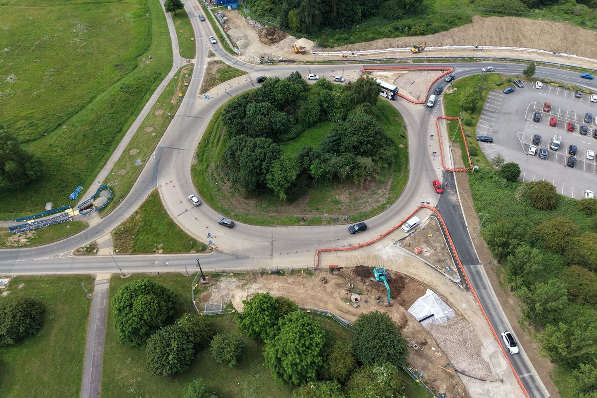Aerial image taken in June 2026 of progress on the embankment and highway widening works that are taking place at the Wawne Road/Bude Road roundabout in Hull