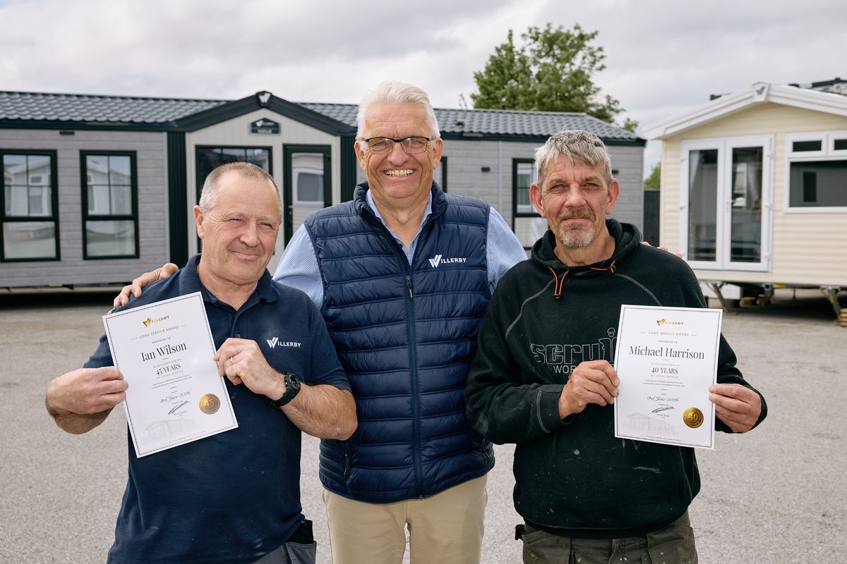 CEO Peter Munk with Willerby’s longest-serving employee, Ian Wilson, left, who has now clocked up 47 years with the business, and Michael Harrison, who has been with the company for over 40 years.