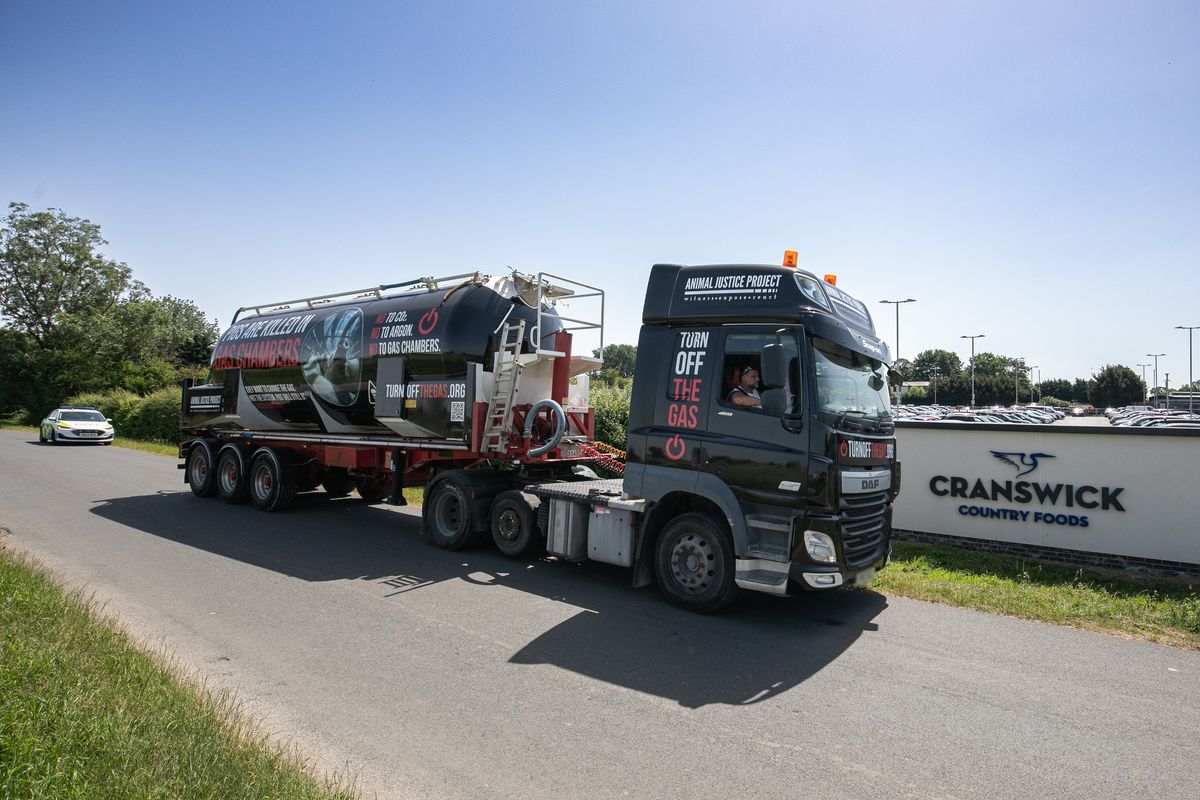 The mobile gas chamber drives into the driveway of Cranswick HQ