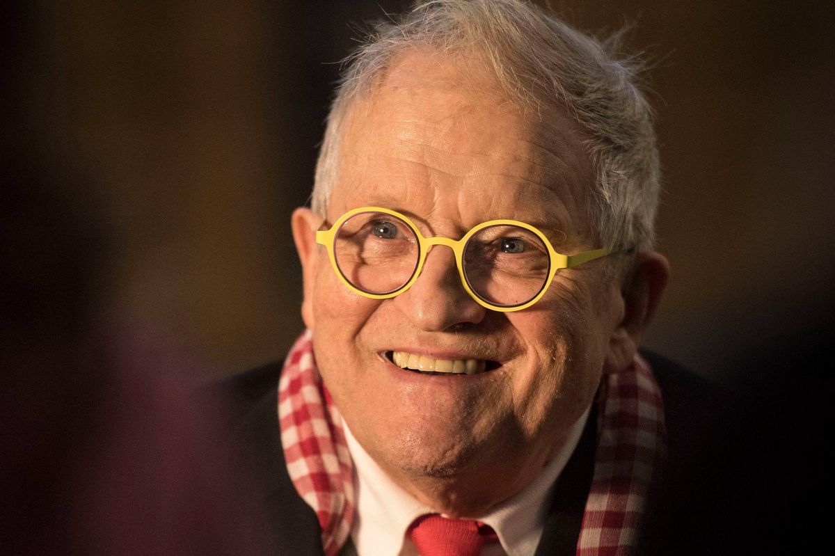 File photo dated 26/09/18 of David Hockney in front of The Queen's Window, a new stained glass window at Westminster Abbey, London, which he designed. Celebrated British artist David Hockney has died aged 88, his publicist has said. Issue date: Friday June 12, 2026.