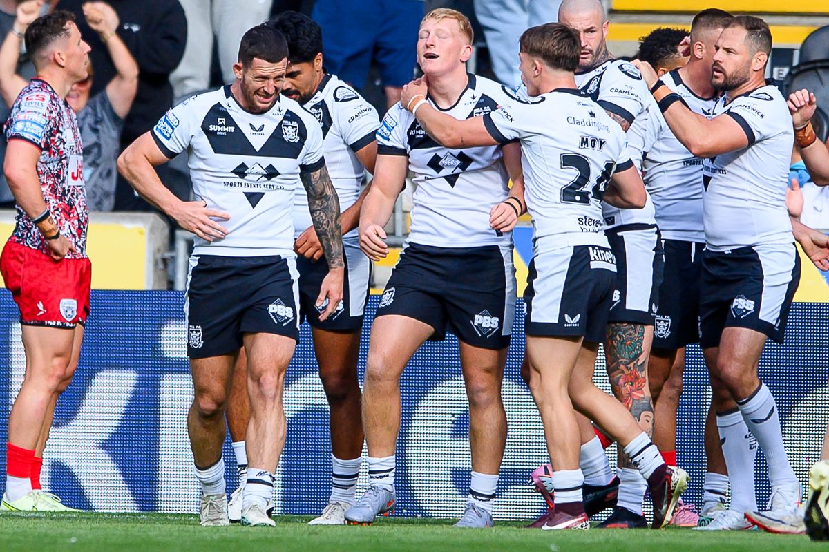 Hull FC's Lennon Clark is congratulated on scoring a try against Leigh in his first Super League game.