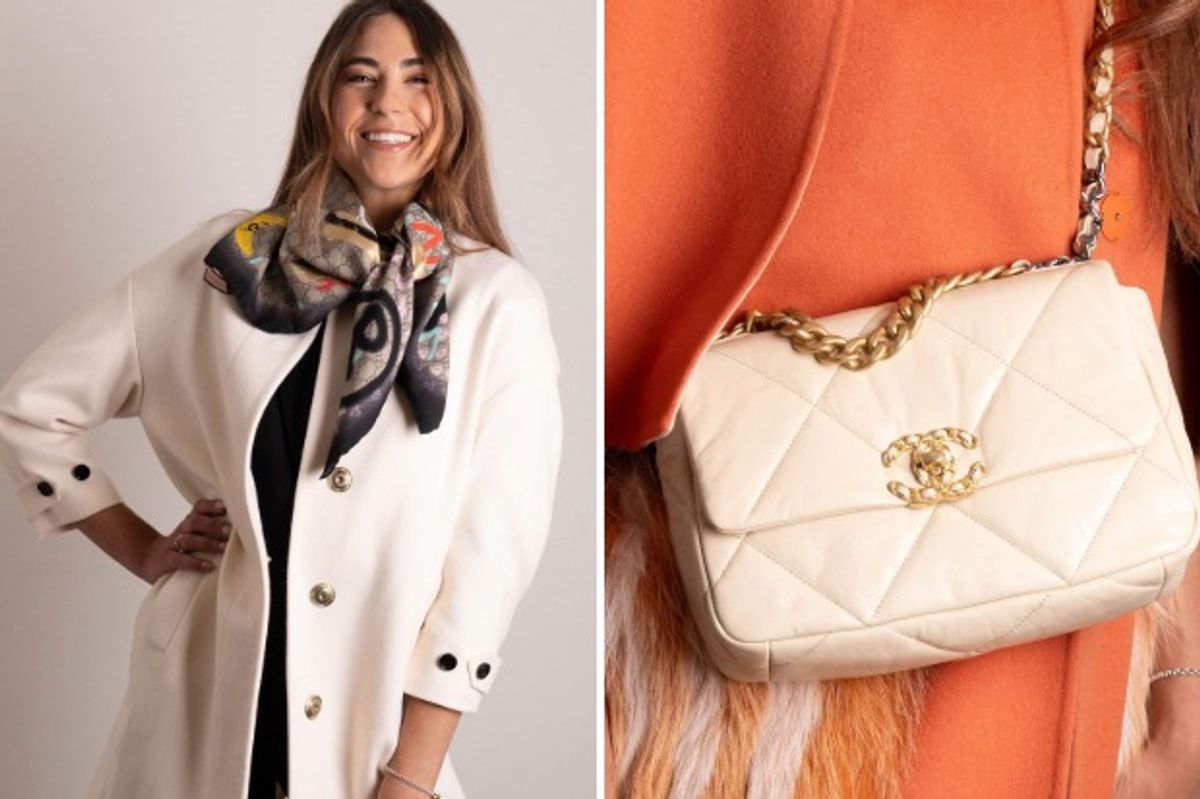 Auctioneer Coralie Thomson models a cream wool Burberry coat and a Gucci Ghost silk scarf; the most desirable handbag in the fashion world - a Chanel 19