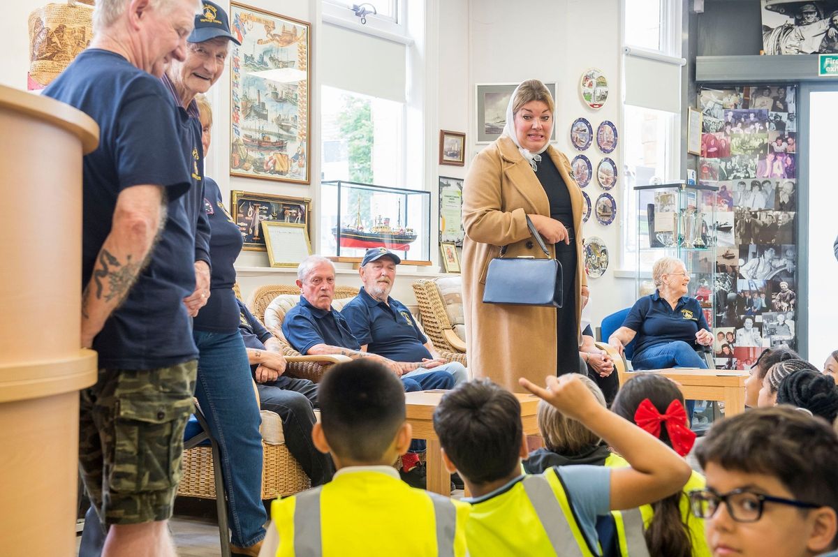 Adelaide Primary School children at Hull Fishing Heritage Centre, where history was brought to life for them by Gina Garton, performing as Headscarf Revolutionary, Lillian Bilocca