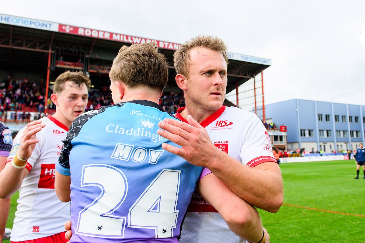 Hull FC's Logan Moy & Hull KR's Jez Litten shake hands after the last Hull derby on Good Friday