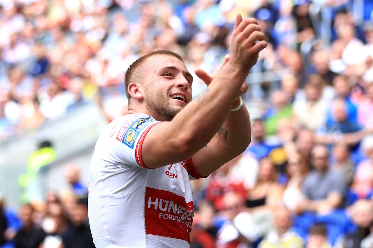 Mikey Lewis of Hull KR celebrates scoring his team's first try during the 2026 Magic WKND 