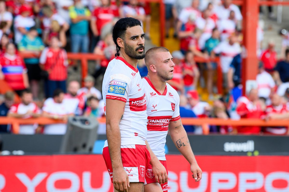 Hull KR's Tyrone May & Mikey Lewis dejected after their side's loss to Wakefield.