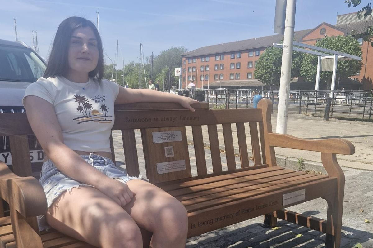 Mary Hallett sits on the bench she fundraised for in memory of her mum, Emma