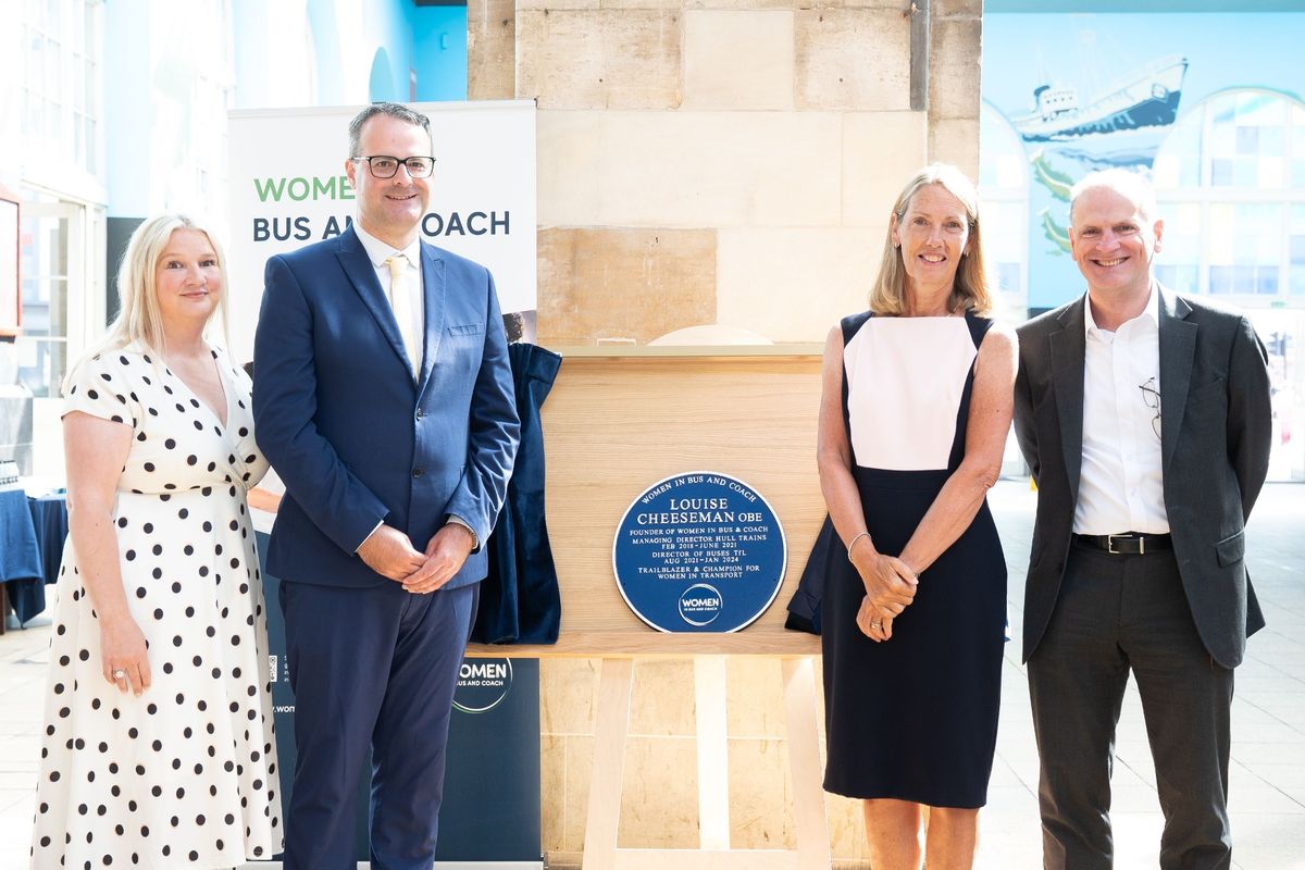 From left, Kerry Turner, Women in Bus and Coach director, Councillor Mark Ieronimo, Hull City Council, Louise Cheeseman OBE and Martin Dean, managing director, UK regional bus division, The Go-Ahead Group