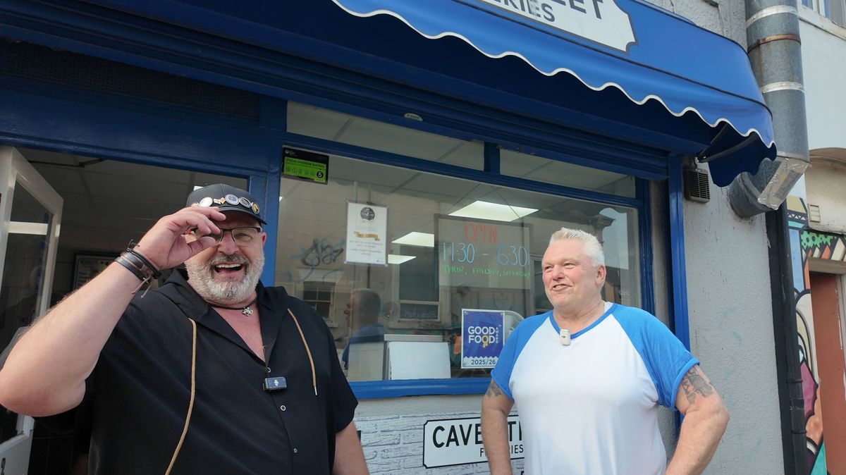 Steve Peel with owner Carl of Cave Street Fisheries on Cave Street, Hull City Centre