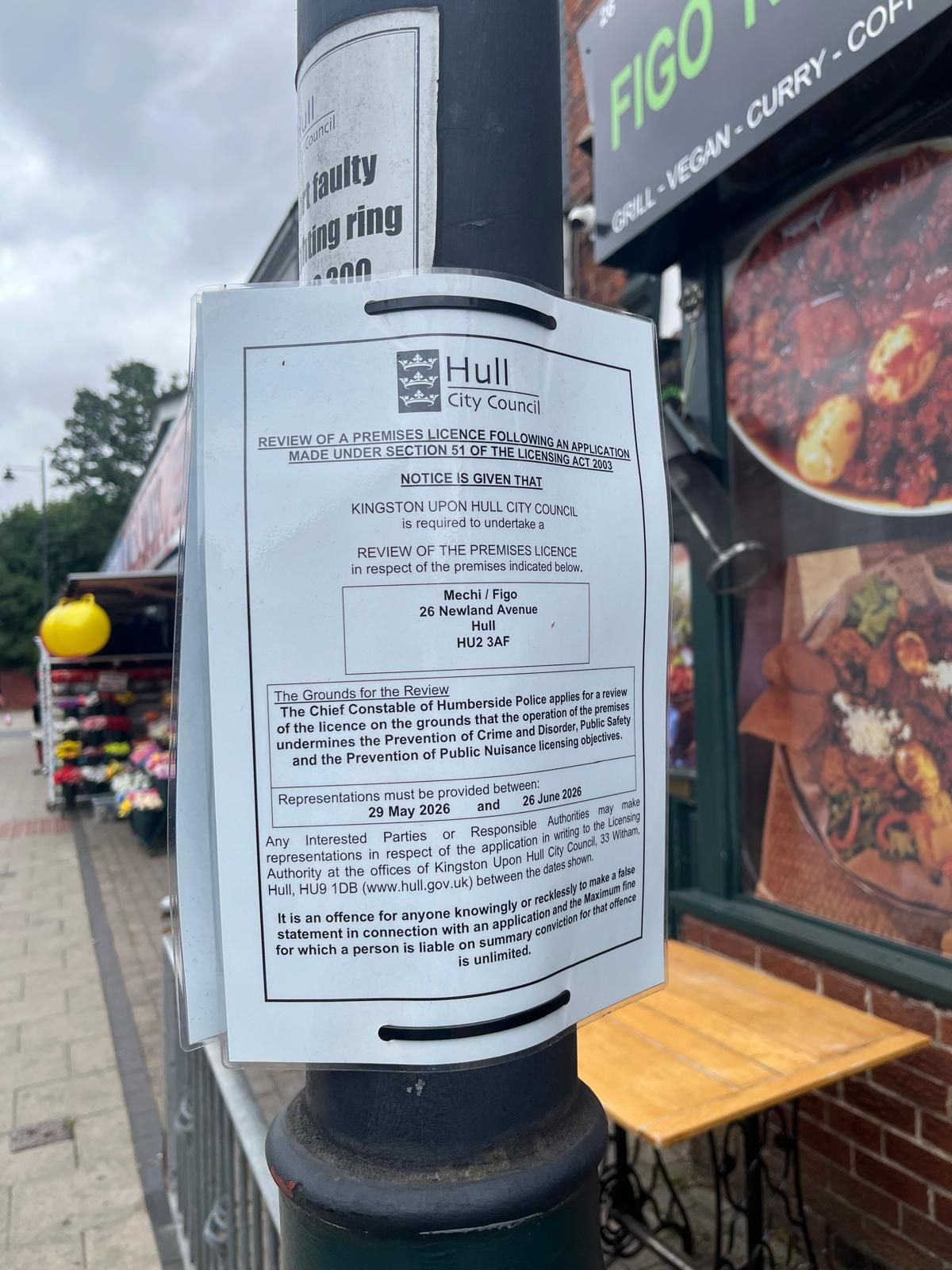The premises licence review notice outside Figo on Newland Avenue, Hull, pictured in early July