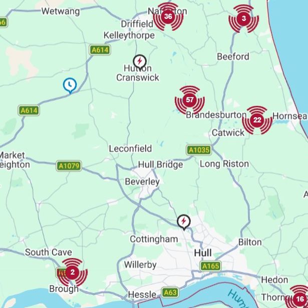 Northern Powergrid's outage map showing multiple power outages near Brandesburton on Tuesday