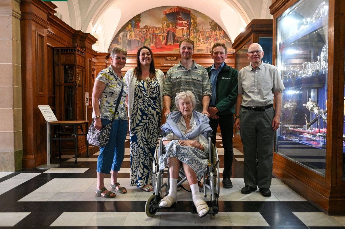 Pat with her family, Lady Mayoress of Hull Cllr Maria Coward, and Guildhall team member