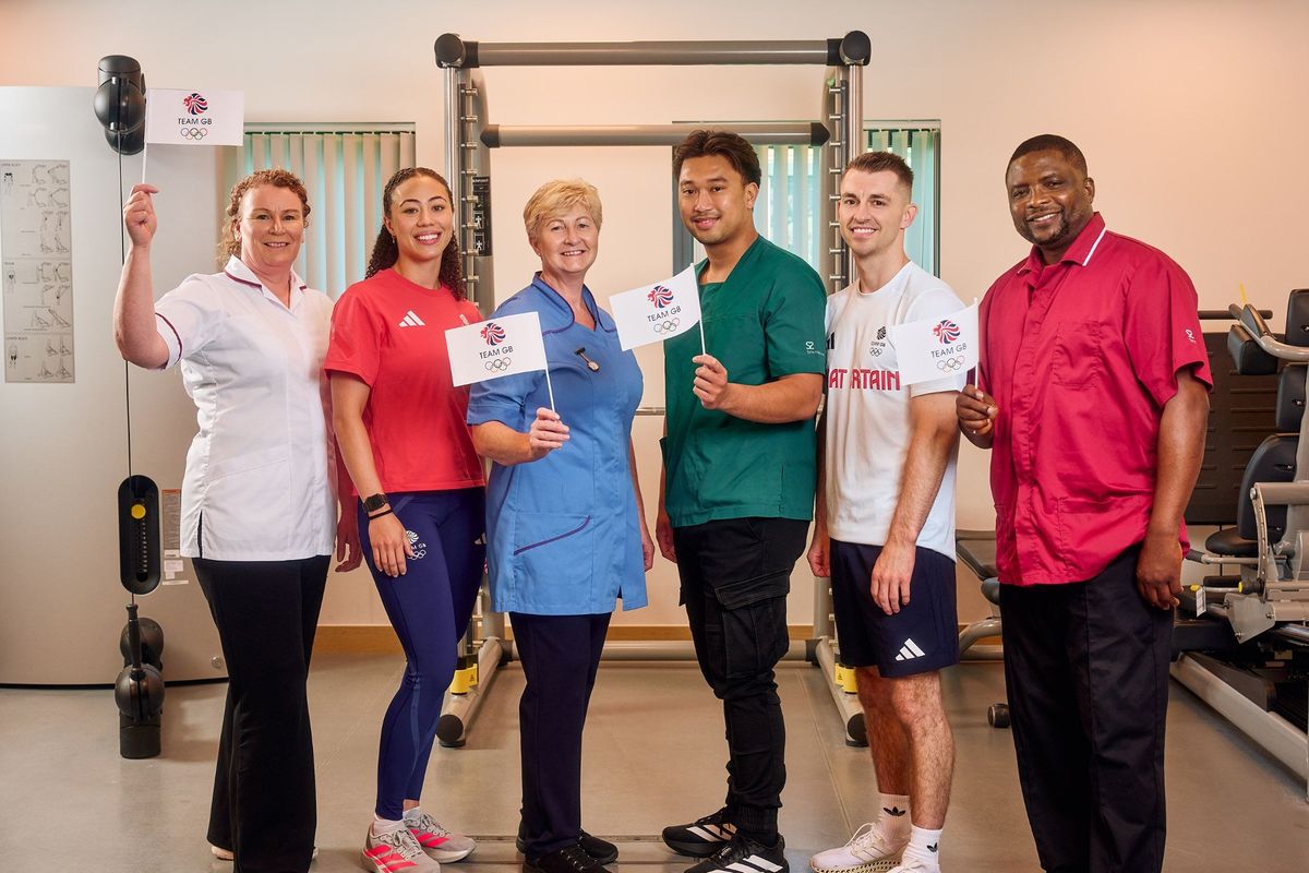 Team GB athletes Max Whitlock, gymnast, and Tabitha Stoecker, skeleton, with Spire Healthcare staff