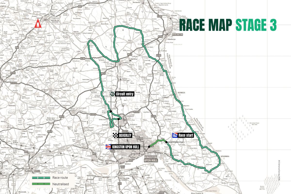 Race map for stage three of the 2026 Lloyds Tour of Britain