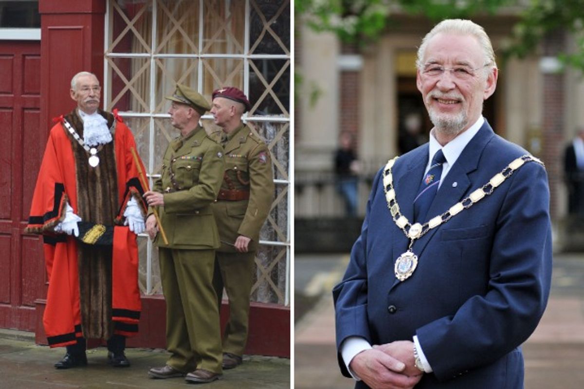Cllr Cyril Marsburg as the fictional Mayor of Walmington-on-Sea, in Dad's Army, left, and as the real Mayor of Bridlington in 2012