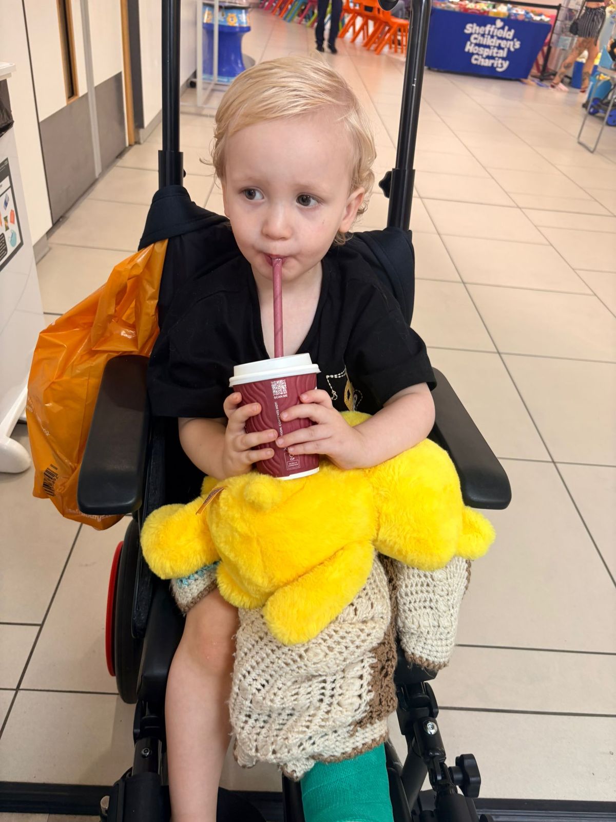 Carson enjoys a babycino at Sheffield Children's Hospital