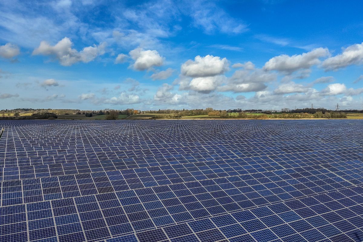 An aerial view of a solar energy park in the UK, pictured this February