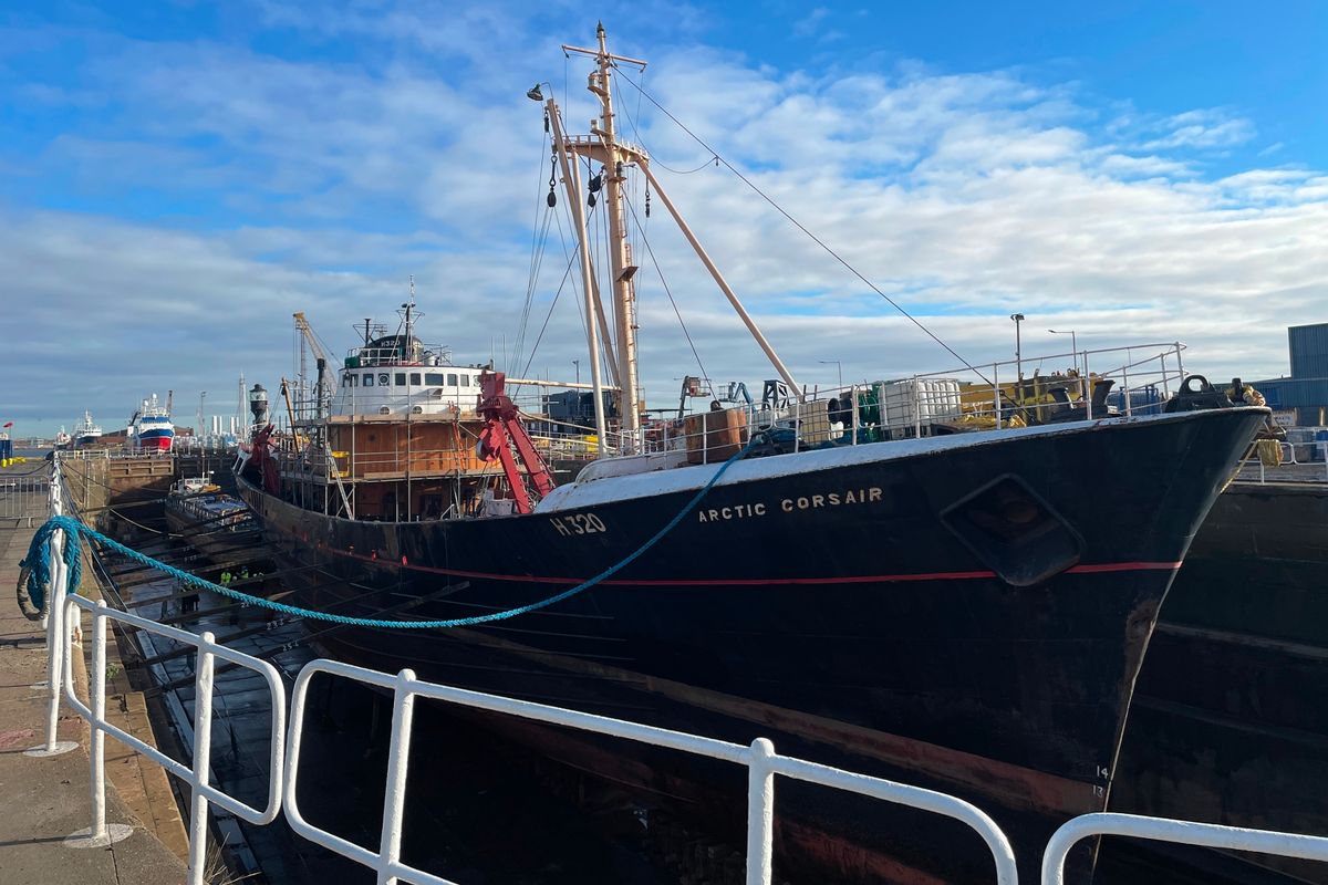 The Arctic Corsair in dry dock at William Wright dock, Hull, in 2021