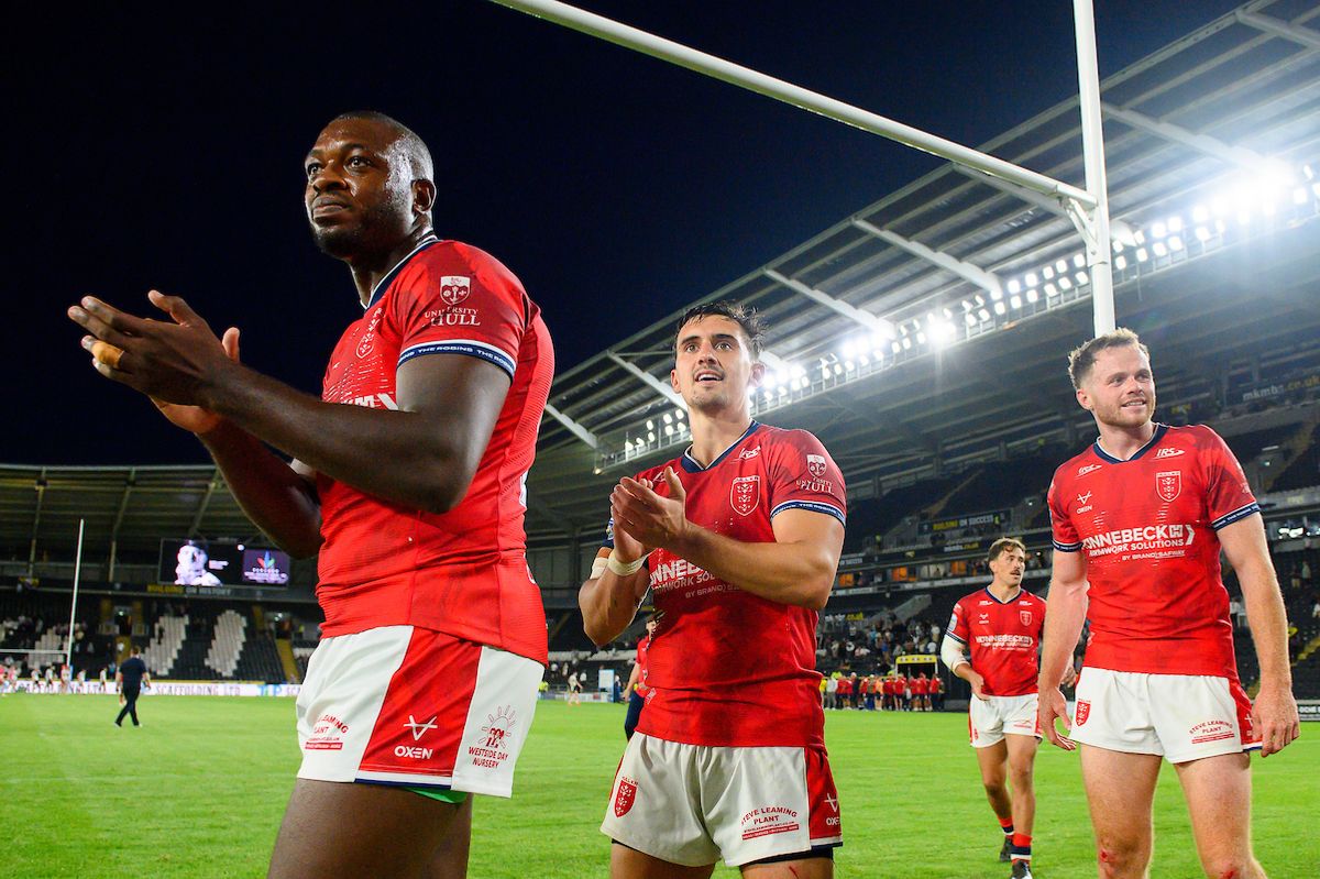 Hull KR's Jordan Dezaria, Arthur Mourgue and Joe Burgess thank the fans and supporters after victory over Hull FC.