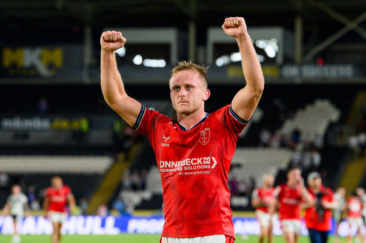 Hull KR's Jez Litten celebrates after victory over Hull FC.