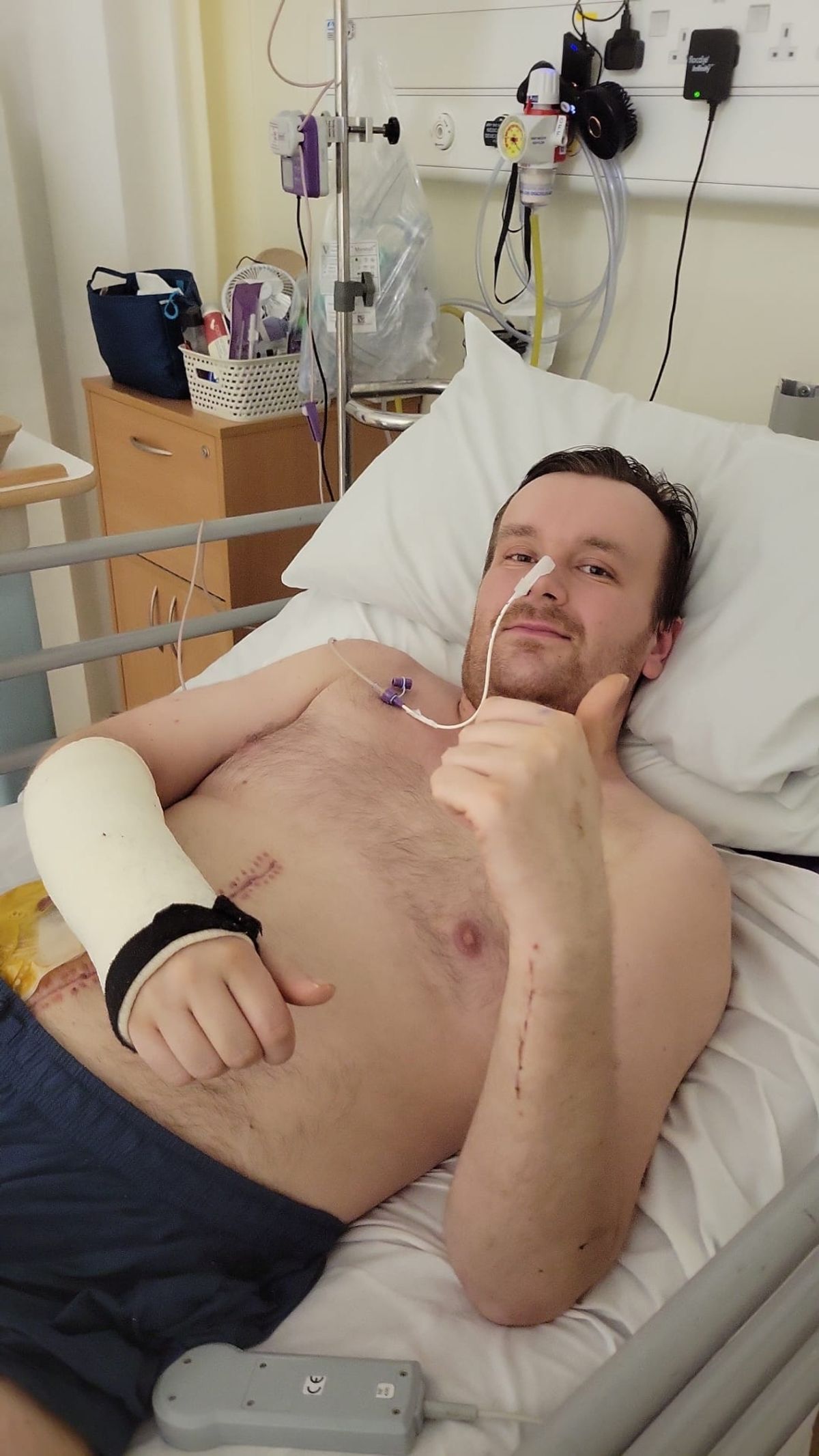 Ryan Cooksey in hospital. His weight dropped to 95kg (14st 13lbs) following the collision.