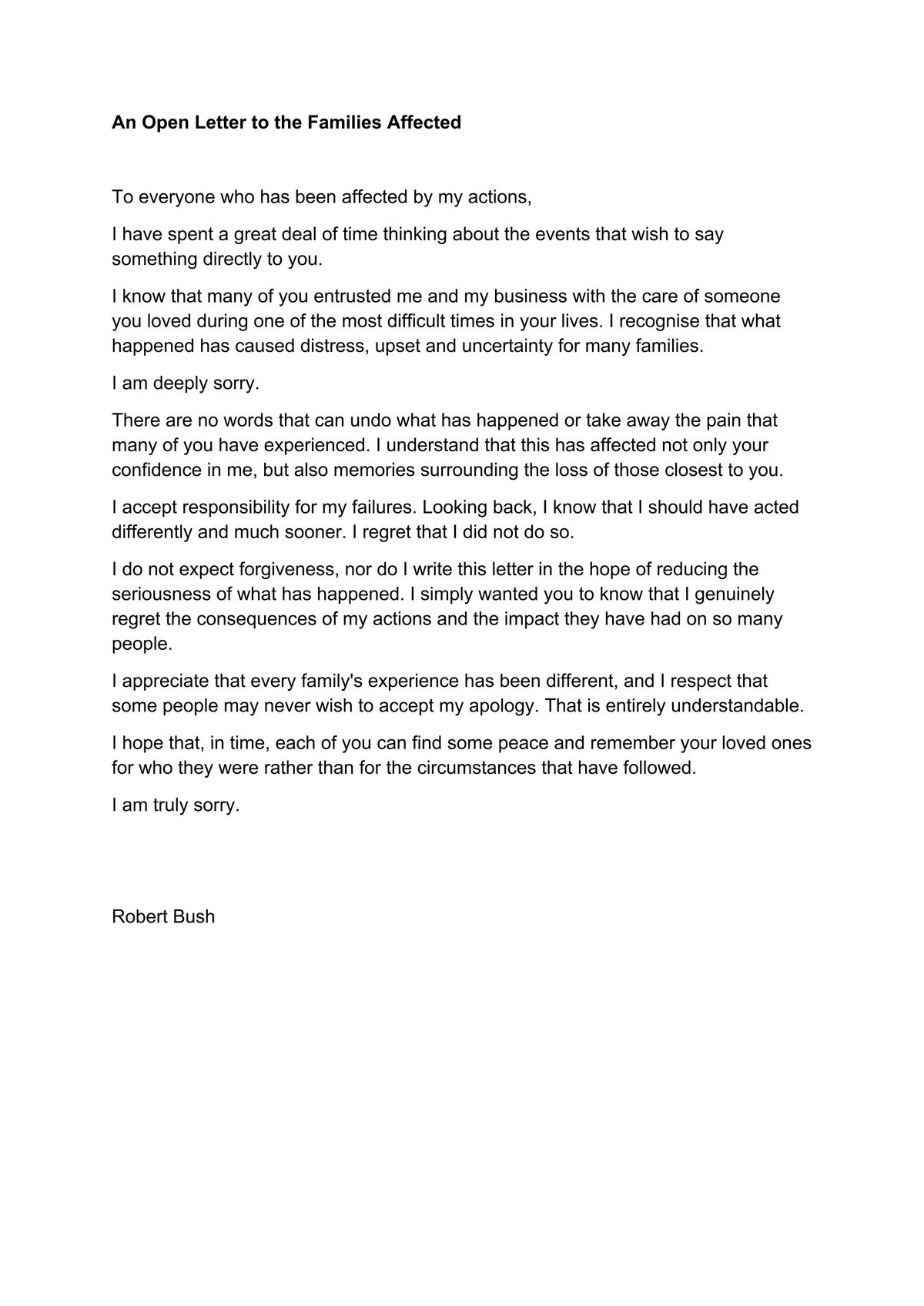 A letter written by Robert Bush sent to families affected by his crimes