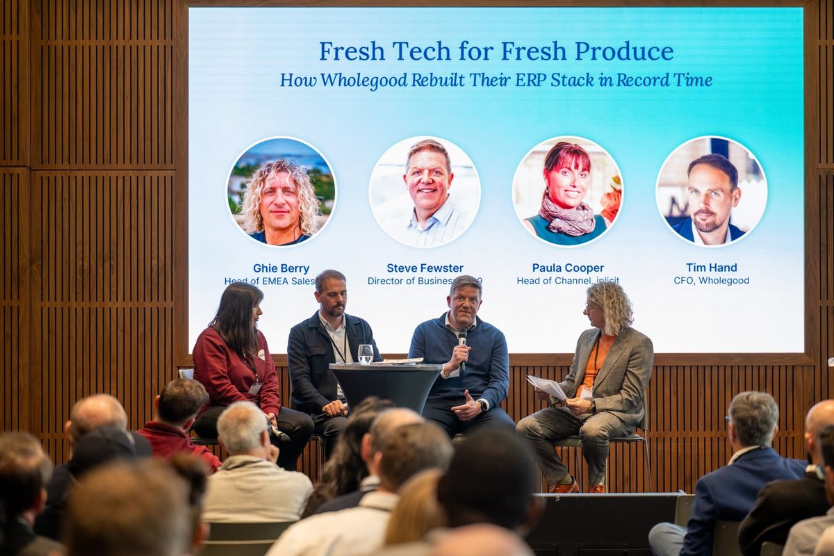 The Fresh Tech for Fresh Produce panel at the iplicit London Roadshow. Left to right: Paula Cooper, Head of Channel, iplicit; Tim Hand, Founder and Director, InHand; Stephen Fewster, Founder and Director, tick9; Ghie Berry, Head of EMEA Sales, Cin7.