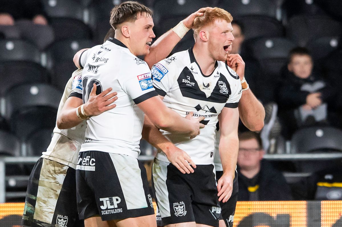Hull FC celebrate a Harvey Barron try. 