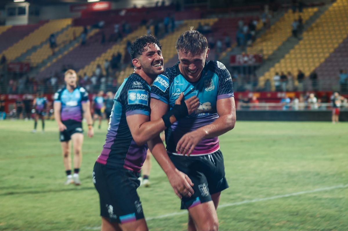 Hull FC duo Arthur Romano and Harvie Hill after victory at Catalans.
