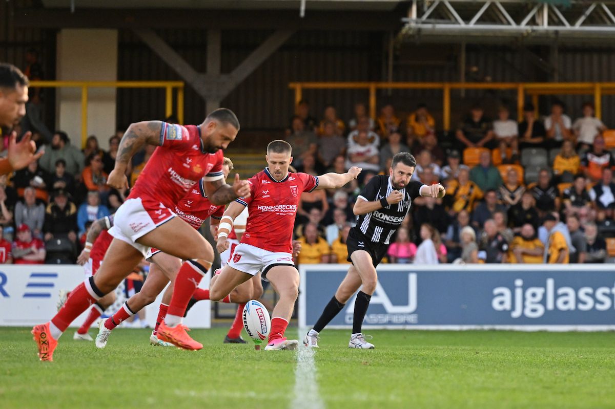 Hull KR's Ryan Hampshire kicks off at Wheldon Road