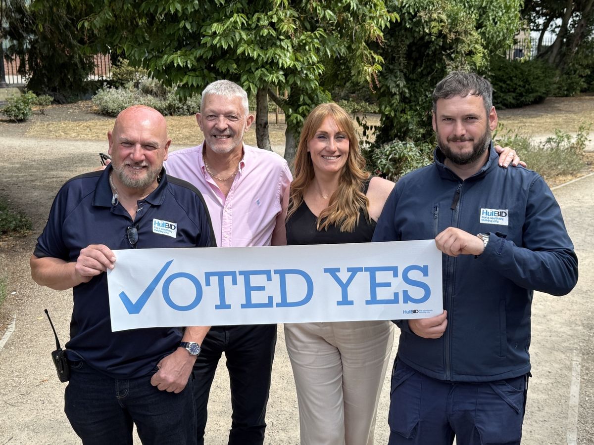 Some of the members of the HullBID team after another ballot success, from left, senior support officer Mark Andrews, HullBID chair Jim Harris, business liaison officer Francesca Wagstaff-Sharp, and operation & support officer Raich Orr