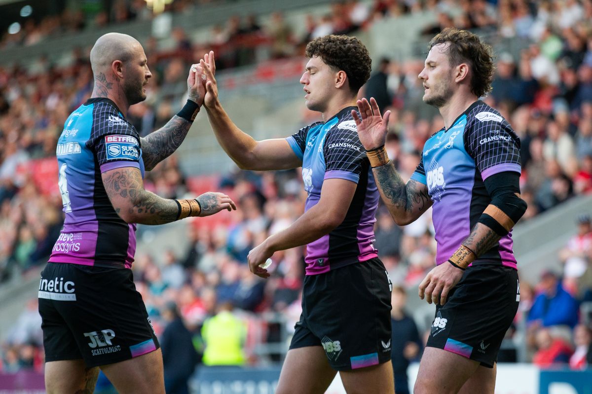 Hull FC winger Lewis Martin celebrates his try.