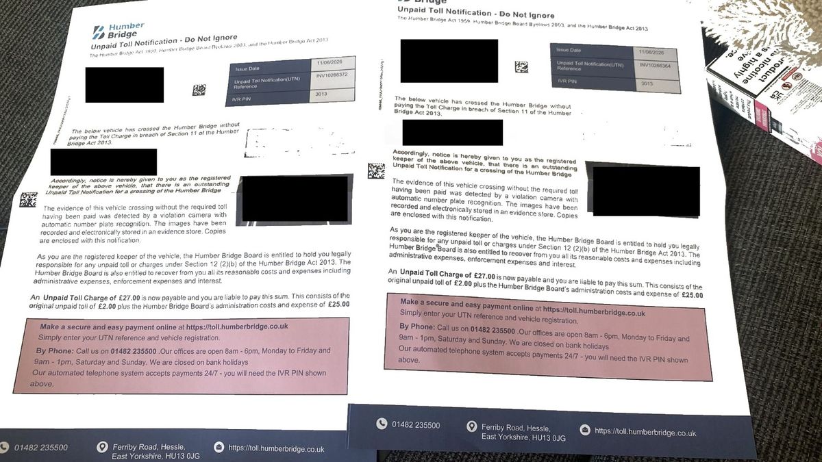 The two letters received on the same day by Alex, each fining him £27