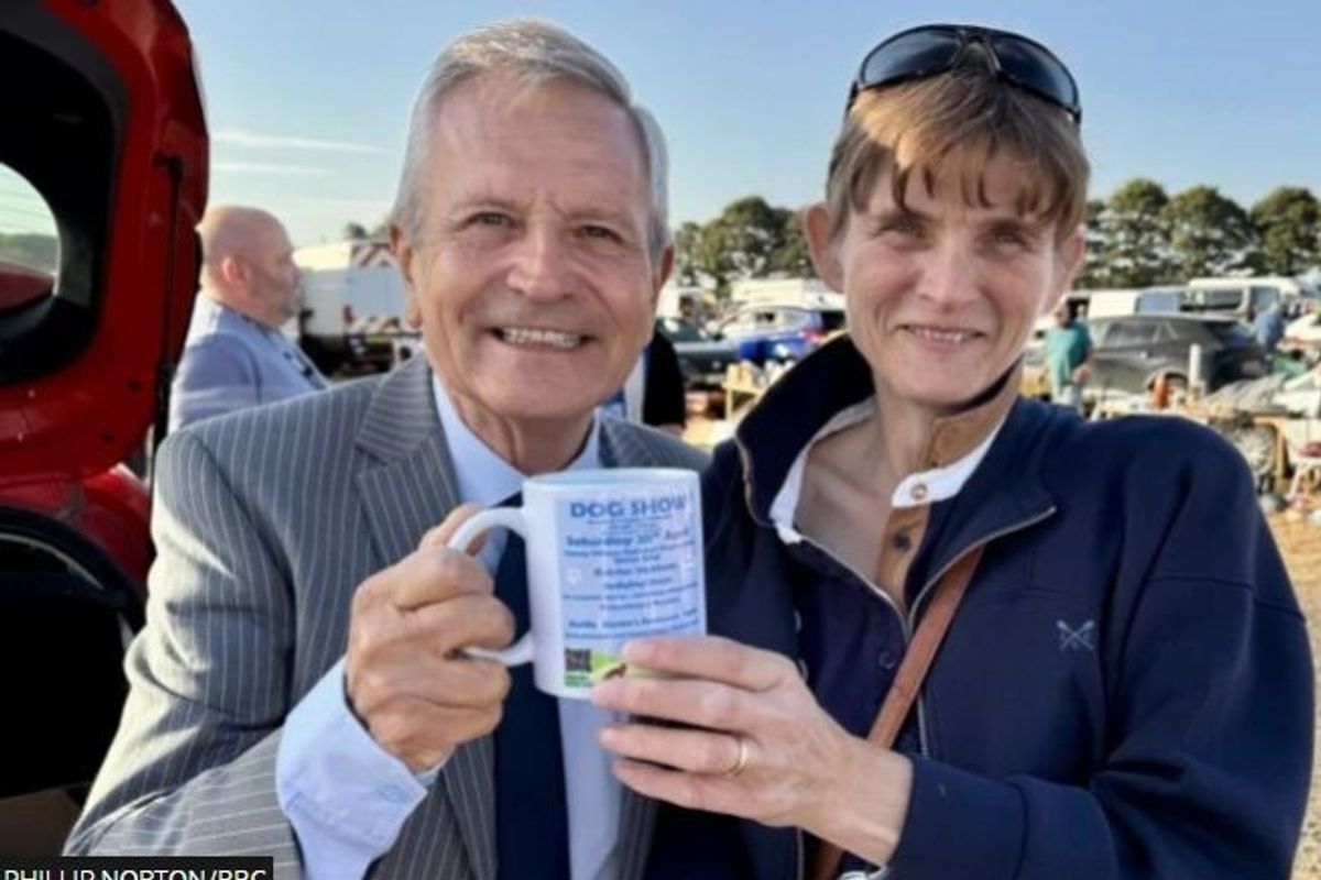 Peter Levy with Yvonne Fletcher 'buying back' her own mug that she sent in to the Mug of the Day slot in April